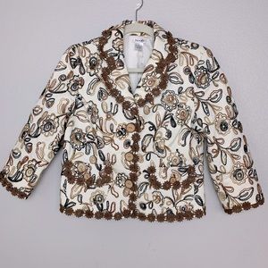 Jendo Blazer Jacket Womens 8 Off White/Brown Lined Floral Embroidered Lace Trim